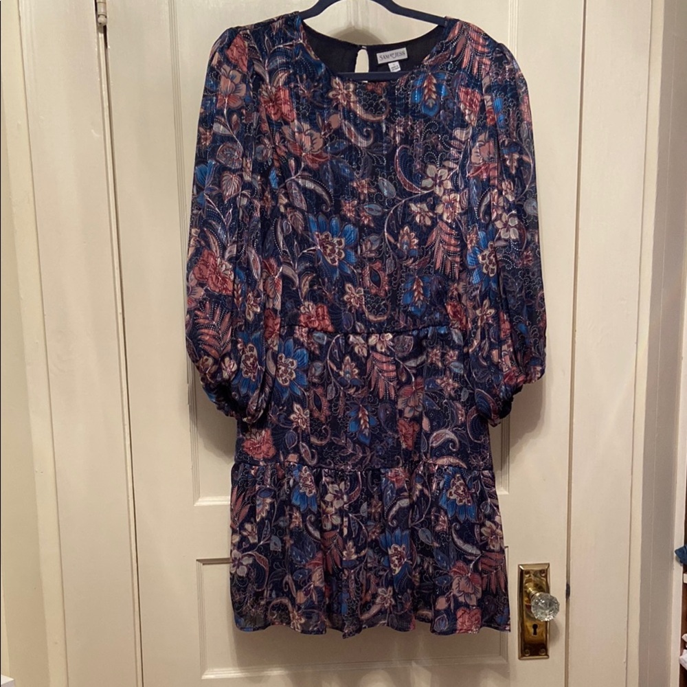 Sam and Jess Blue and Orange Casual Dress with 3/4 Bishop Sleeves